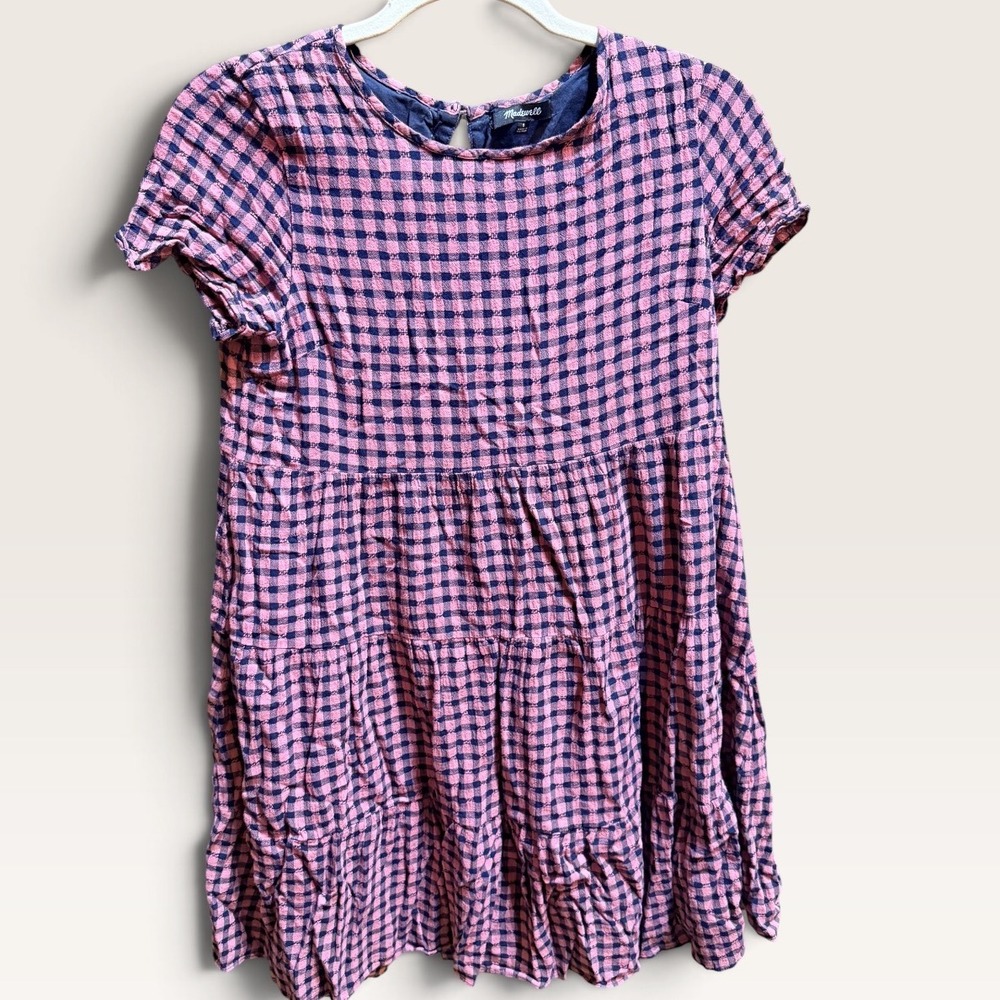 Madewell Pink Navy Gingham Tiered Mini Dress Short Sleeve Babydoll Cotton Blend